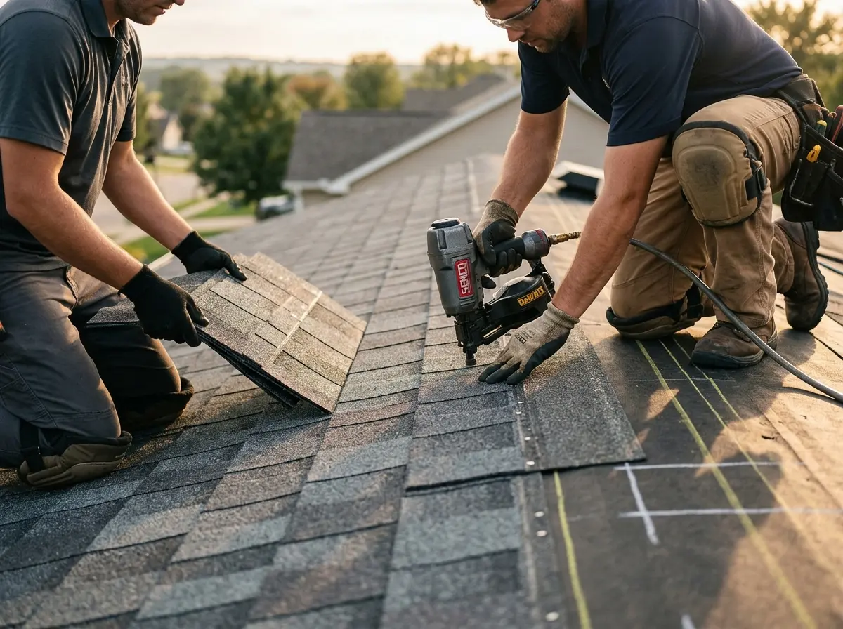 Professional roofer working on a residential roof in Vernon Hills
